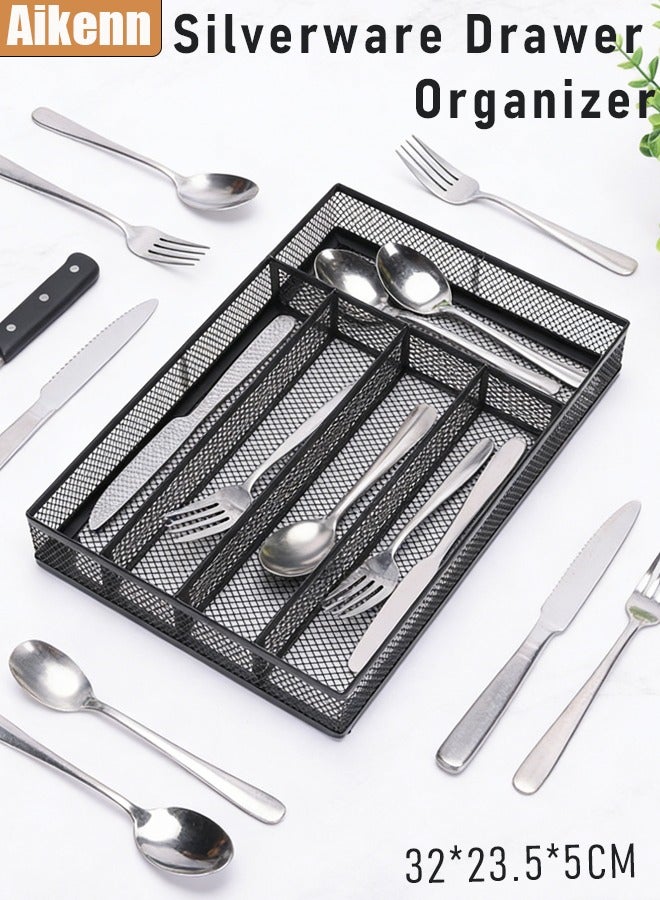 Aikenn Silverware Drawer Organizer,Silverware Organizer for Drawer,Steel Mesh 5-Compartment Utility Drawer Organizer,Utensil Organizer for Kitchen Drawers,Kitchen Utensil Tray for Forks, Spoons and Knives Black - Image 1